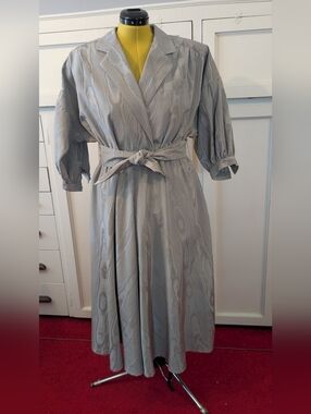 Vintage Mr. Jax Dove Grey Moiré Dress Blouson Bodice Belted